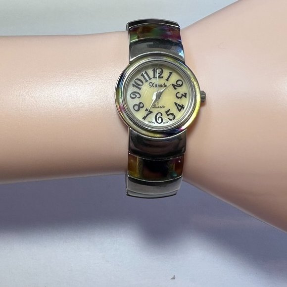 Xanadu Abalone Multicolored Shell and Goldtone Bangle Hinged Quartz Watch Japan